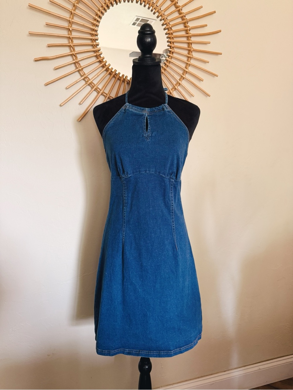 Halter Denim Mini Dress in Blue